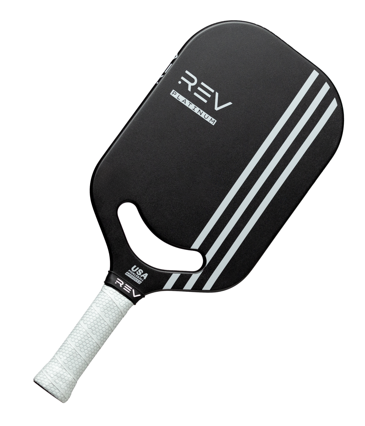 The REV Pickleball Pro Pack is a black paddle featuring three diagonal white stripes, "REV PLATINUM" on the face, a textured white grip handle, and a unique cutout above the handle.