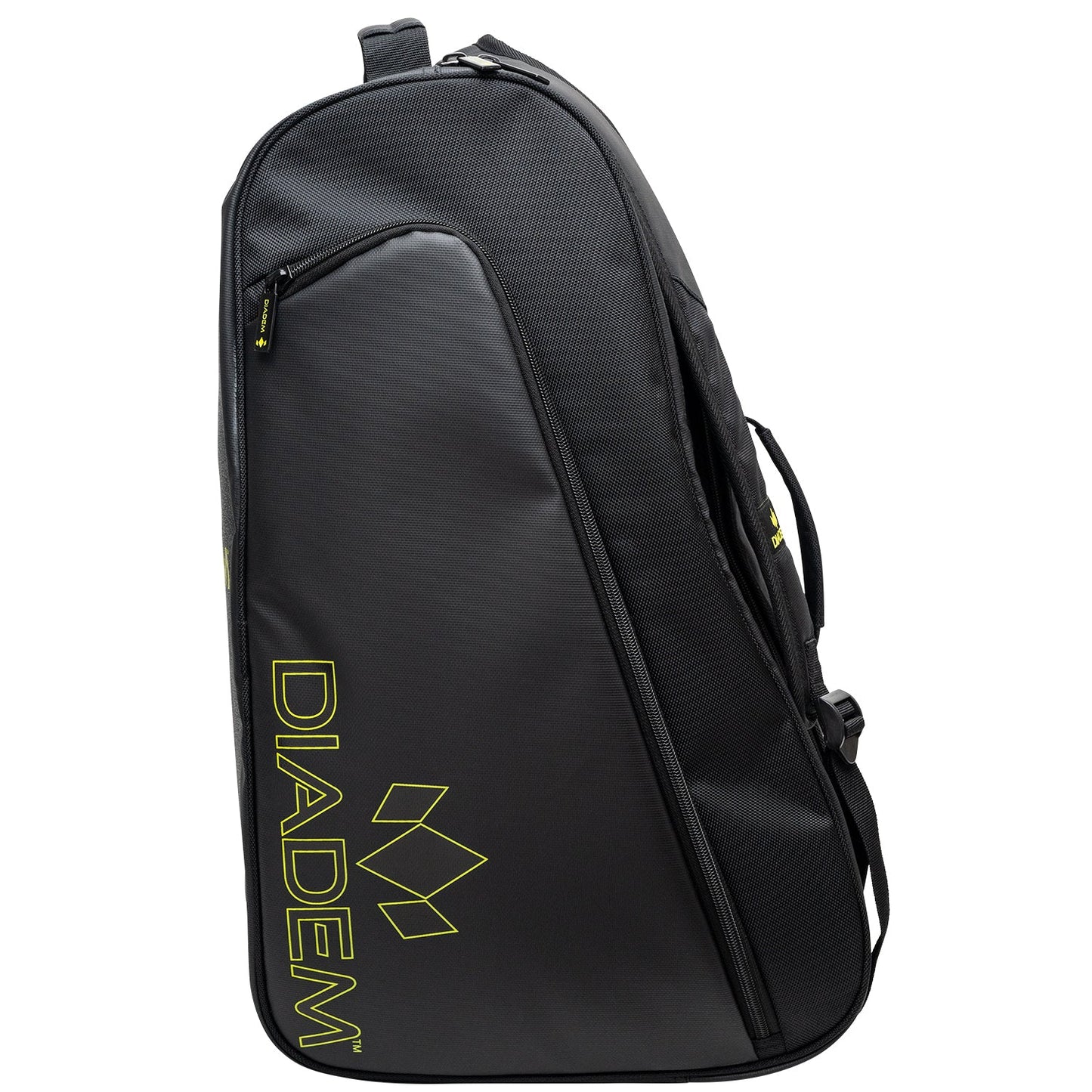 The Diadem Tour v2 Paddle Bag by Diadem Sports is a sleek black bag with a structured shape, DIADEM branding, yellow geometric logo, smooth zippers, top handle, and padded shoulder straps—ideal for carrying your pickleball gear.