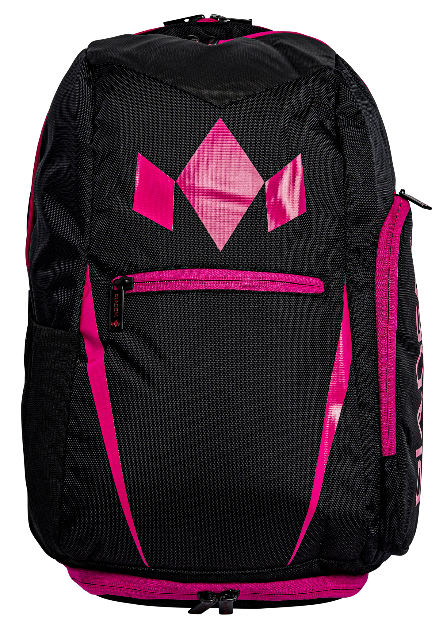 The Diadem Sports Tour v3 Backpack is black with bright pink accents and a stylized pink crown logo. It has a front zipper pocket, two side pockets, visible padding, a top handle, and adjustable shoulder straps. Plain white background.
