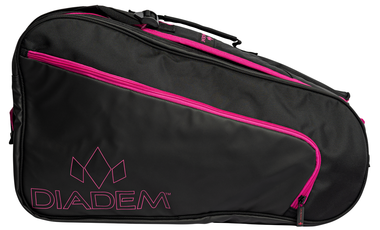 The Diadem Sports Tour v2 Paddle Bag is a large black and pink semi-rigid bag with a side zipper pocket, top shoulder strap, and pink Diadem logo. It holds pickleball gear or rackets. Shown on a plain white background.