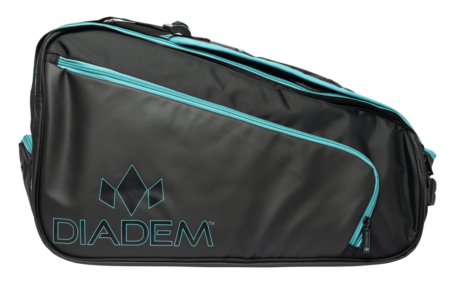 The Diadem Sports Tour v2 Paddle Bag is shown in large, black design with teal accents, teal zippers, and a teal Diadem logo. This pickleball bag features multiple zippered compartments and a top handle for gear.