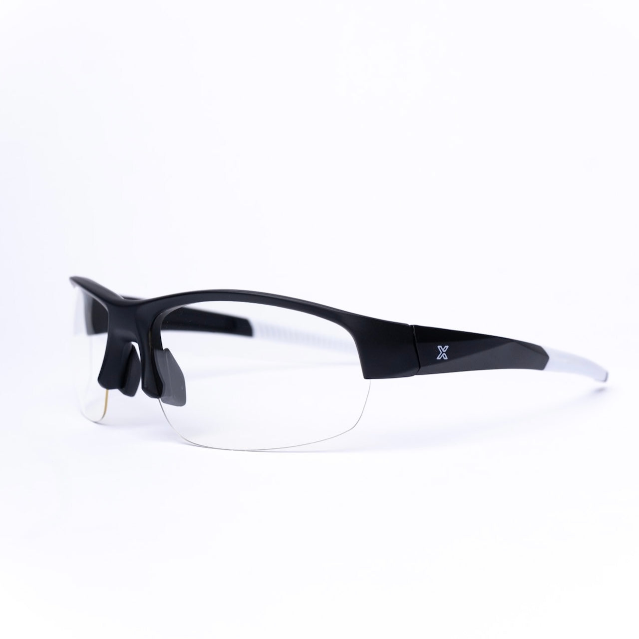 The body helix Pickleball Glasses are modern wraparound sports glasses with a black half-rim frame, clear lenses, thick curved temples, and a small X logo on the side, shown on a white background.
