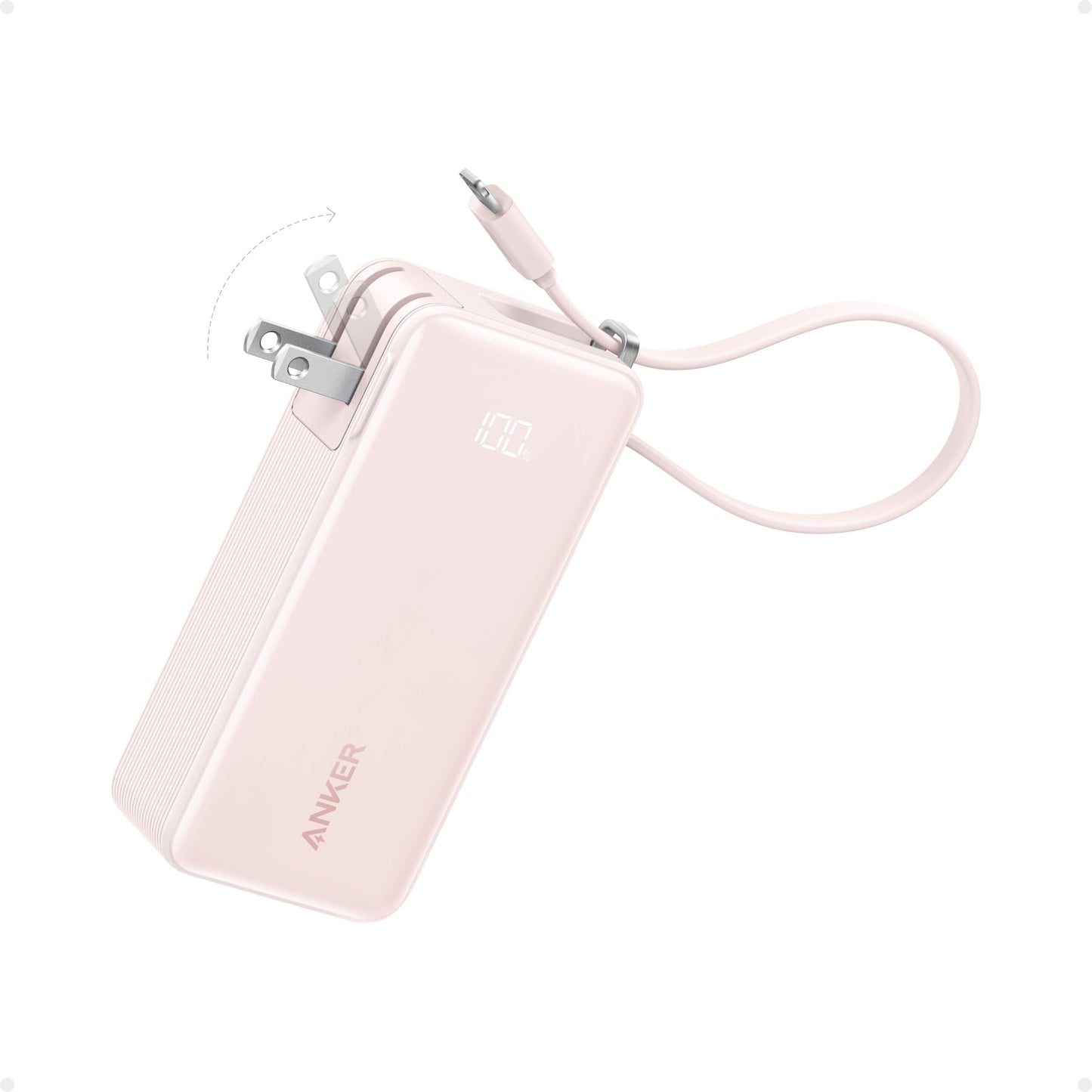 The Anker Power Bank (10K, Fusion, Built-In Cable) is a pink 3-in-1 charger with foldable prongs, a short built-in cable, and a white LED display showing battery percentage. Enjoy sleek design and 30W fast charging on the go.