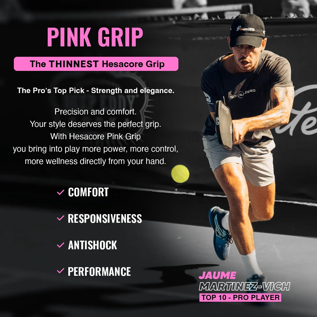A male pickleball player lunges forward, focused on hitting the ball with his Hesacore Grip Pickleball Grip—5.25 inches long, regular feel, in pink—highlighting its comfort, responsiveness, antishock qualities, and performance benefits.