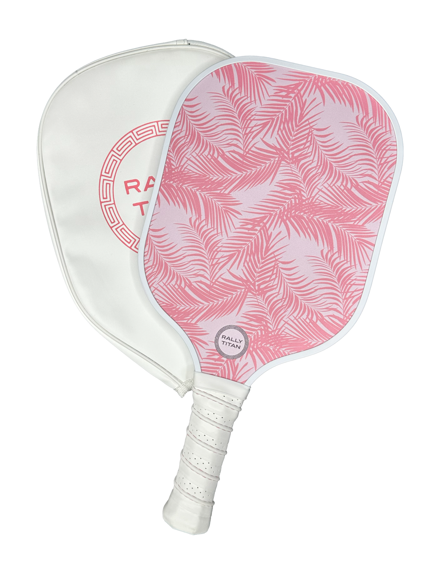 A Rally Titan Pickleball Malibu paddle (10MM T300 textured carbon fiber surface) with a white grip and tropical leaf pattern rests on a white zippered cover featuring a round RALLY TITAN logo. The background is plain white.