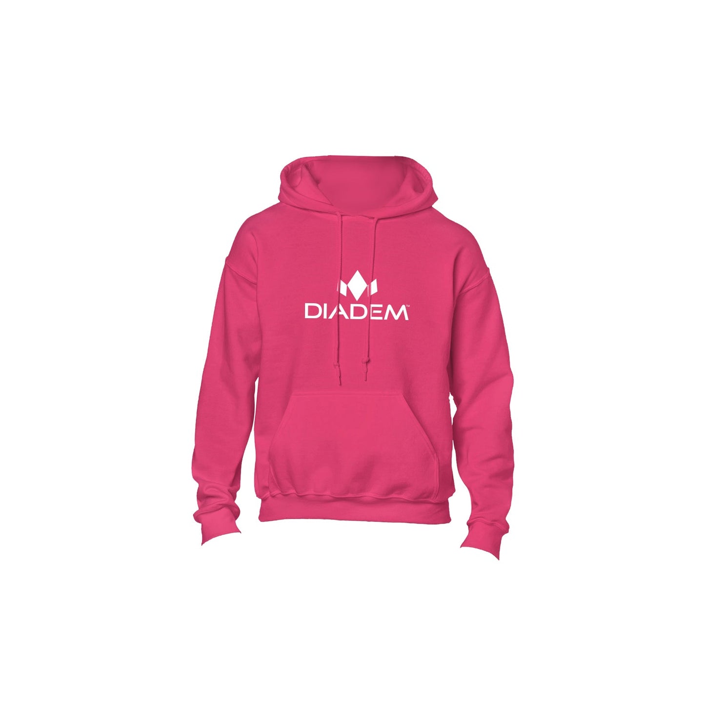 The Diadem Sports Performance Hoodie is a bright pink, cotton poly fleece sweater with a front pocket, adjustable drawstrings, and a white geometric logo above DIADEM on the chest. Displayed on a plain white background.