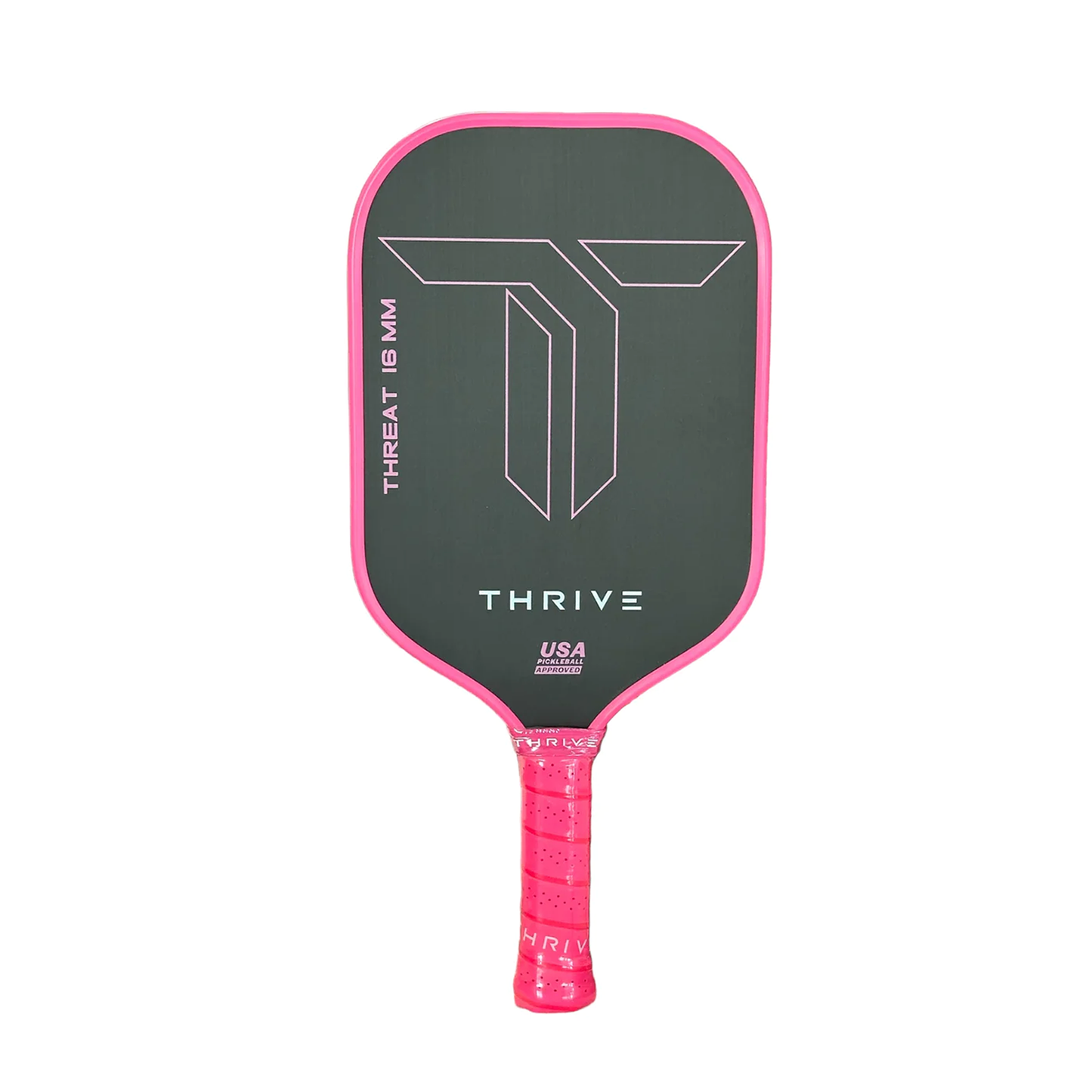 The THREAT 16 (PINK) by Thrive Pickleball is a black carbon fiber paddle with pink edge/handle, a bold white angular logo, “THREAT 16 MM” on the left, “THRIVE” at center, and “USA Pickleball Approved” below. Includes accessories.