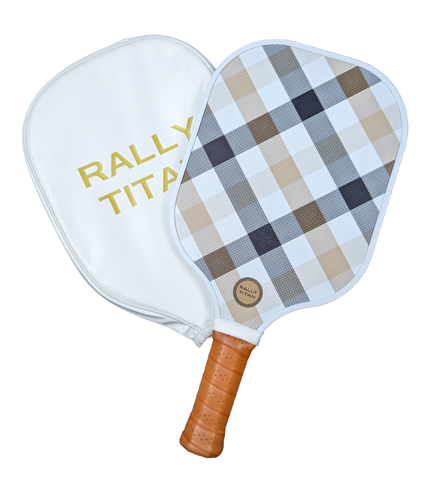 The Rally Titan Pickleball Plaid Luxe | 10MM paddle features a brown, black, white, and gray plaid design with a tan grip, a polypropylene honeycomb core, and comes with a white zippered case labeled "RALLY TITAN" in gold.