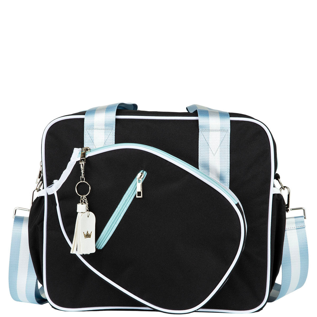 The Prepster Pickleball Bag by Queen of the Court is a square black ladies’ bag with white piping, light blue zippers, angled front zip pocket, detachable white & gold tassel keychain, and striped adjustable strap for your gear.