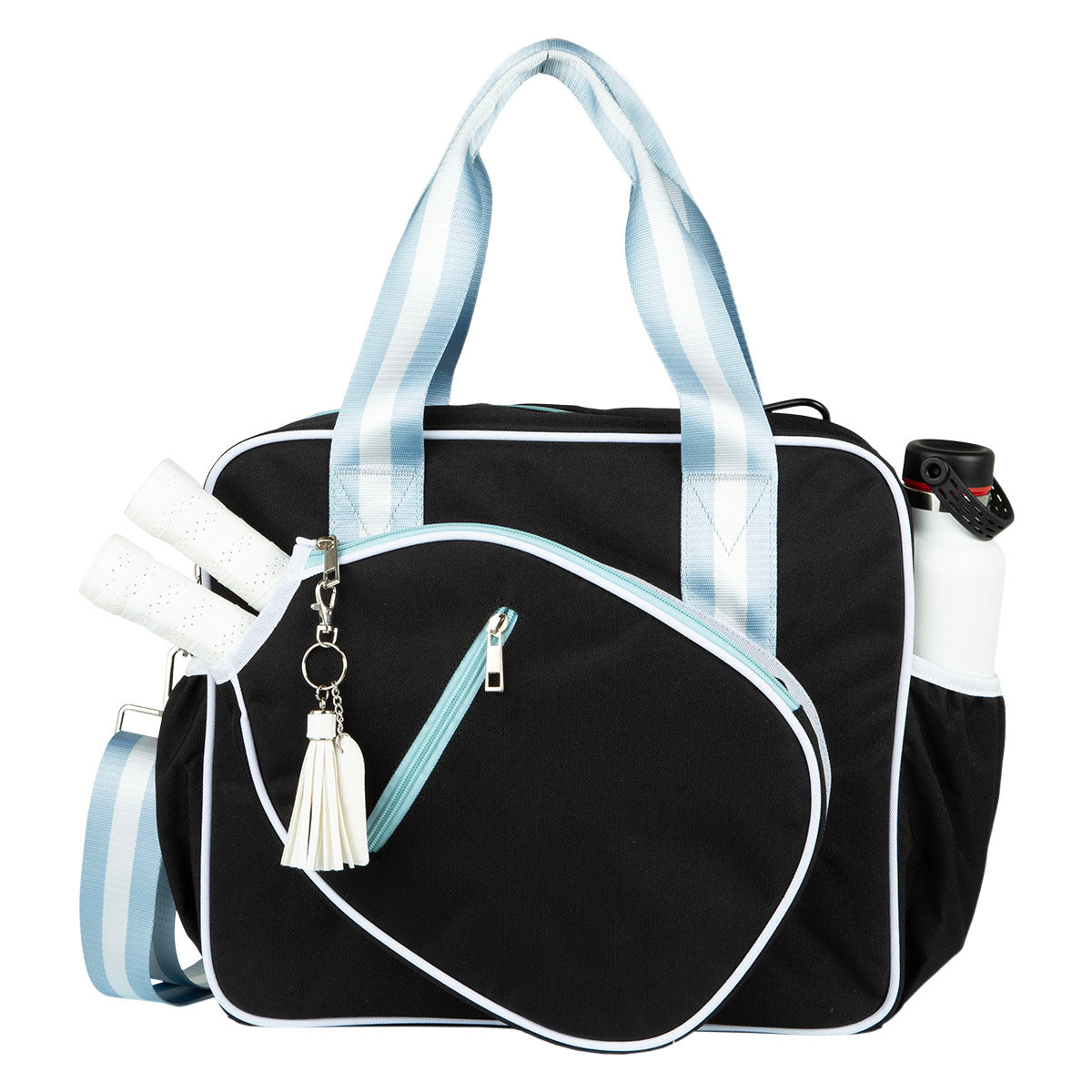 The Queen of the Court Prepster Pickleball Bag is black with light blue and white striped handles and strap, white trim, a tassel keychain, side pocket for two racquets, water bottle holder—perfect for pickleball accessories.
