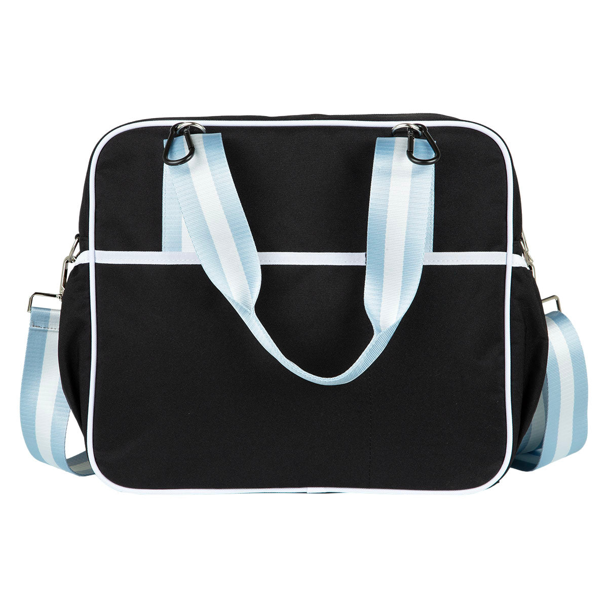 The Queen of the Court Prepster Pickleball Bag is a black rectangular ladies bag with white trim, light blue-and-white striped handles and strap, front pocket, and silver hardware—ideal for carrying your pickleball accessories.