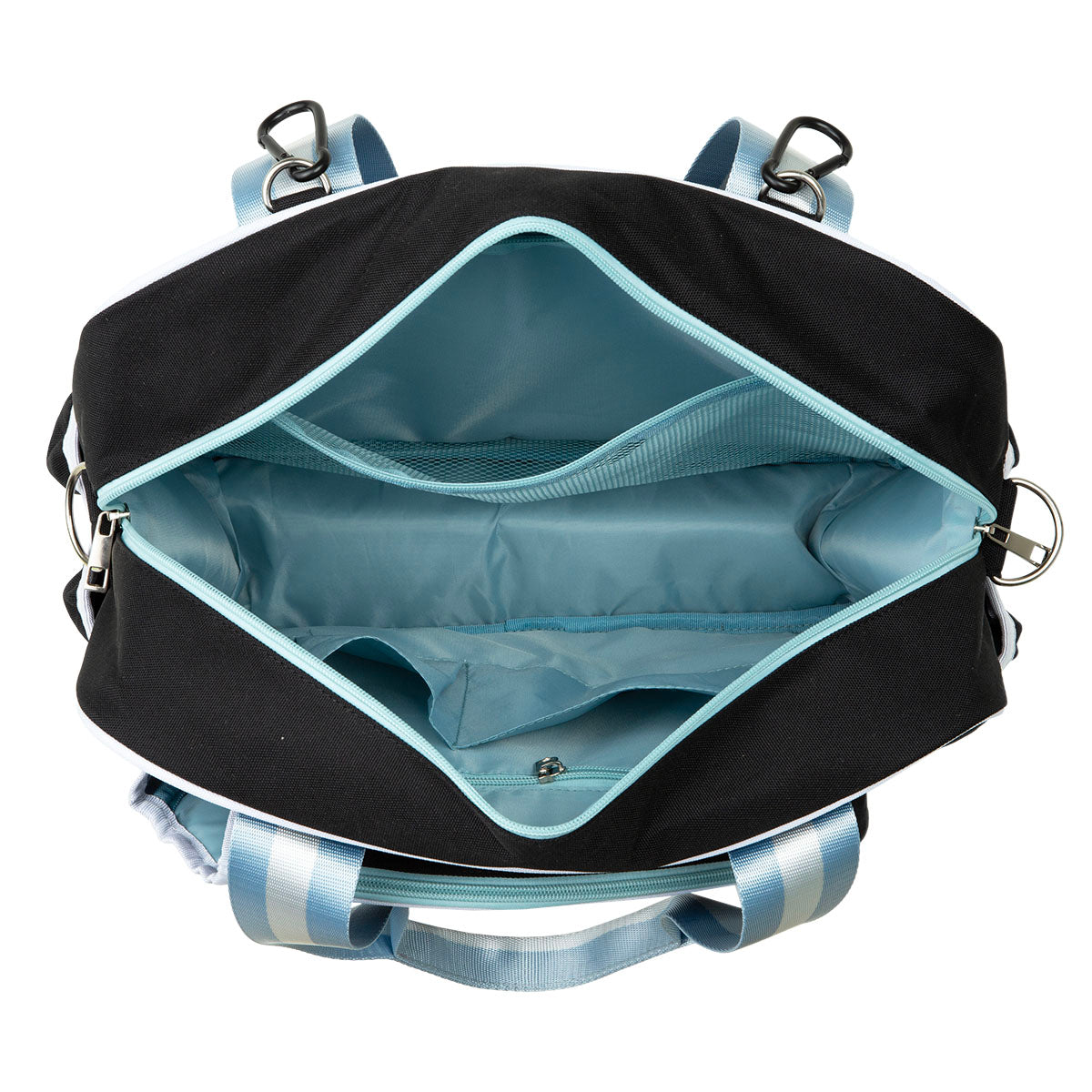 A top-down view of the Queen of the Court Prepster Pickleball Bag in black and light blue with striped handles. Its spacious, blue-lined main compartment includes a zippered pocket, two open pockets, and metal rings with clips for accessories.