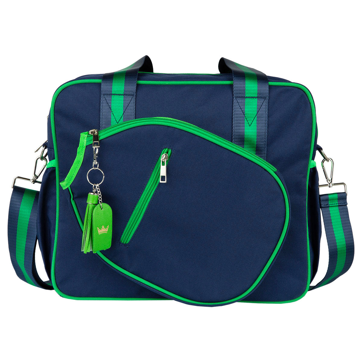 The Queen of the Court Prepster Pickleball Bag is a chic navy tote with green trim, matching handles, a detachable shoulder strap, two front zippered pockets, and a green tassel keychain with crown logo—stylish and functional for ladies.