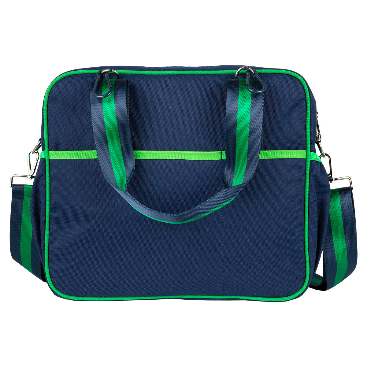 The Queen of the Court Prepster Pickleball Bag is a square navy tote for women, featuring green trim, a front pocket, striped blue-green handles and strap, silver hardware, and a structured design. Photographed on a white background.