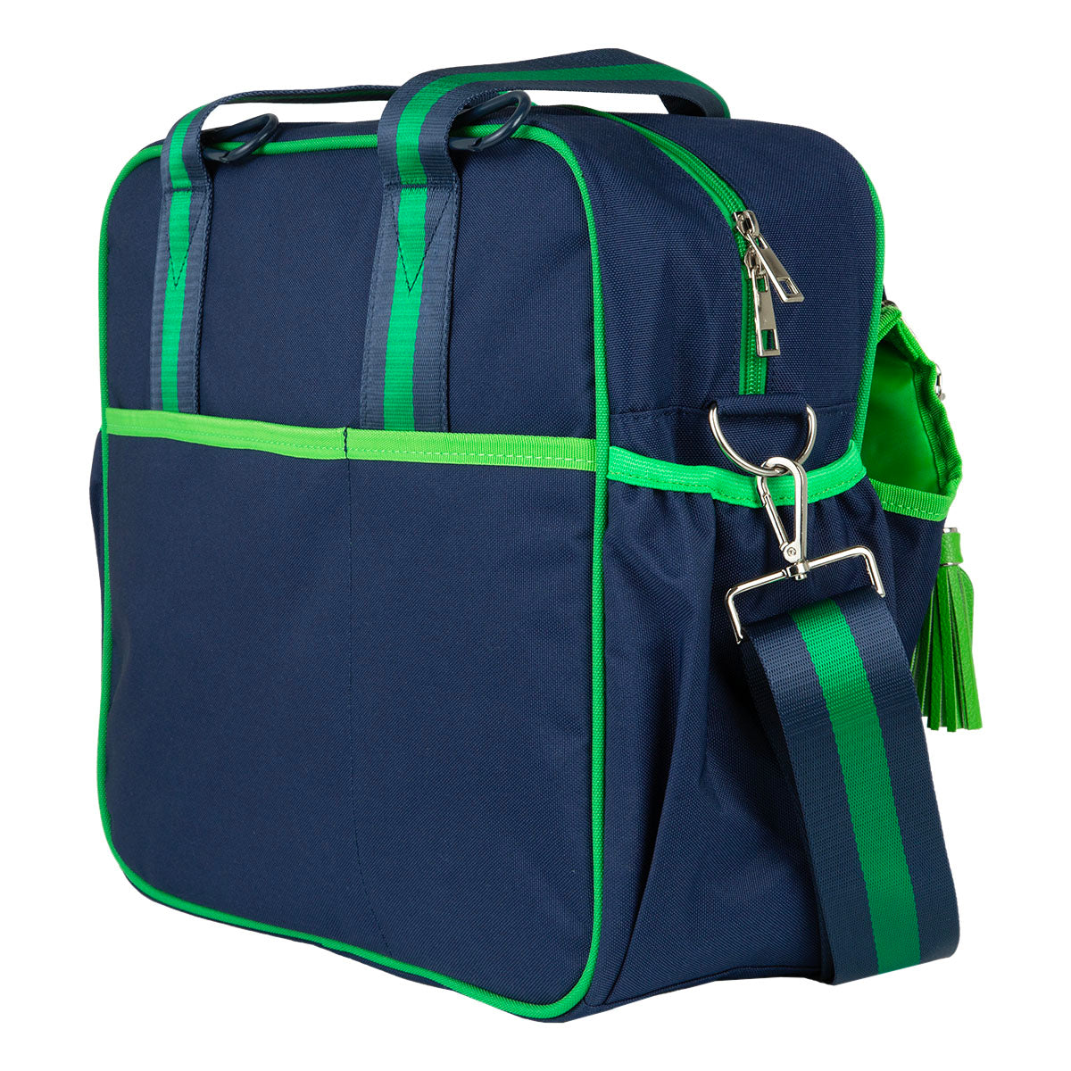 The Prepster Pickleball Bag by Queen of the Court is a structured navy tote with bright green trim, striped handles and strap, front pocket, silver zipper, and green tassel—combining style and easy organization for ladies.
