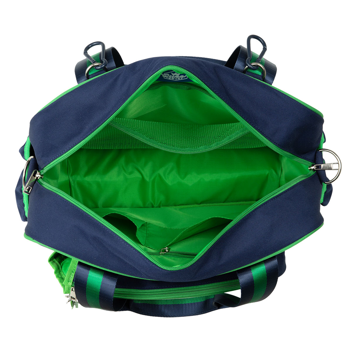 The Queen of the Court Prepster Pickleball Bag features a navy blue exterior, bright green interior lining, spacious compartments, mesh pockets, and a zippered inner pocket. Black straps and silver hardware accent this stylish ladies bag.