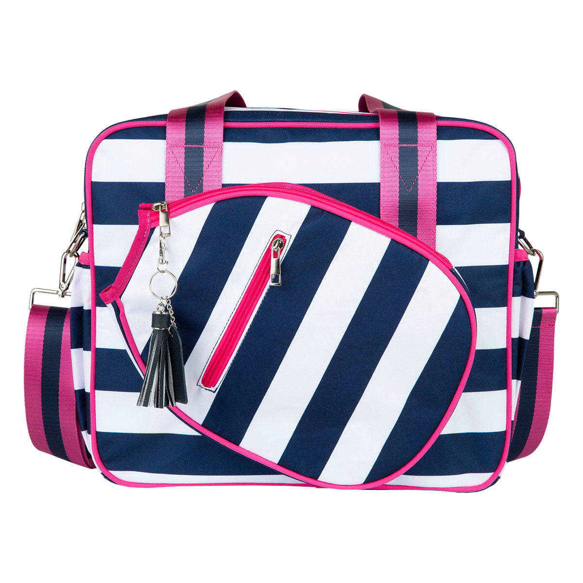 The Prepster Pickleball Bag by Queen of the Court features bold navy and white stripes, pink handles, a diagonal zip pocket, black tassel keychain, and detachable pink-striped shoulder strap—perfect for your pickleball accessories.