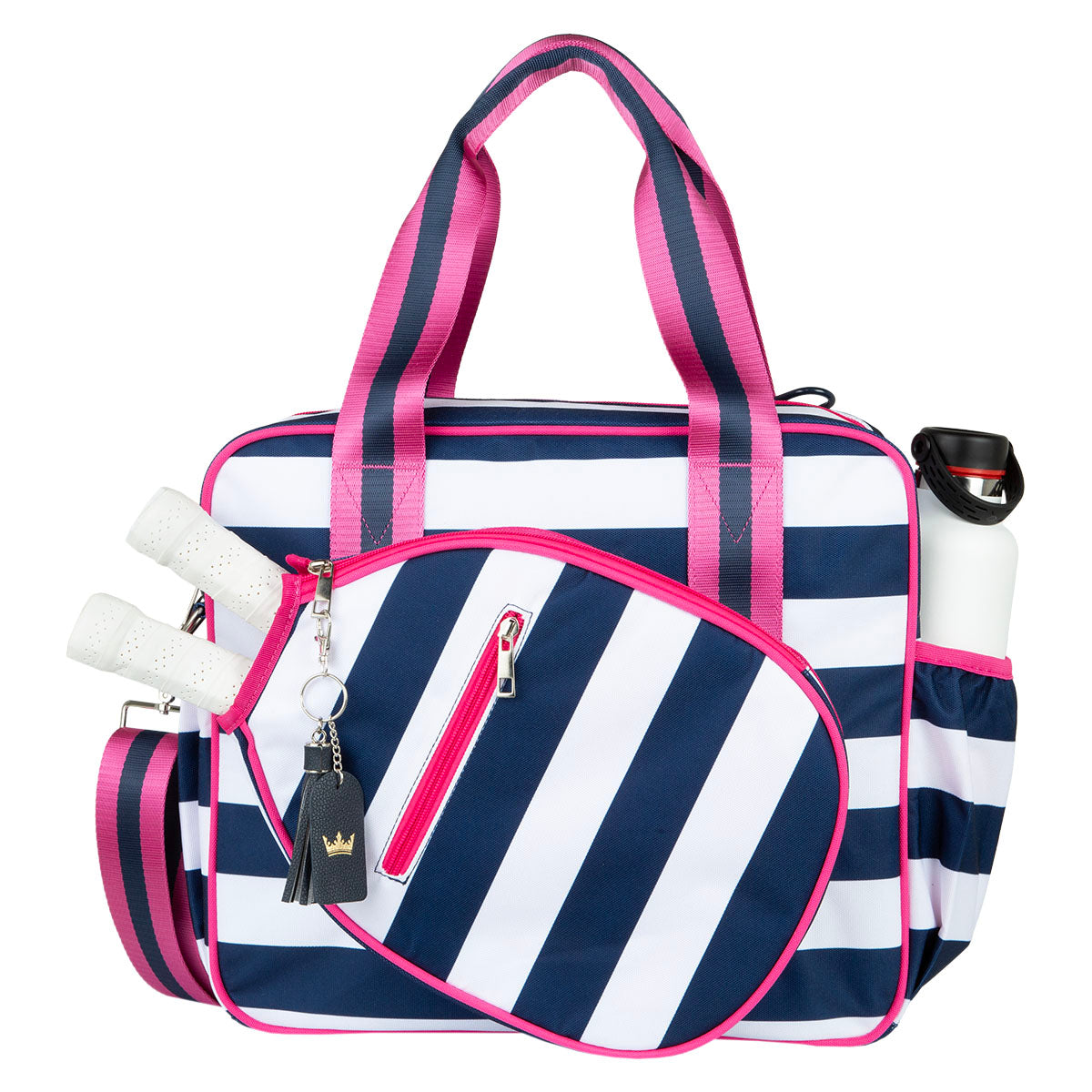The Queen of the Court Prepster Pickleball Bag features navy and white stripes, pink accents, two handles, a shoulder strap, zip pocket, black tassel crown keychain, side water bottle pocket, and holds two rackets.