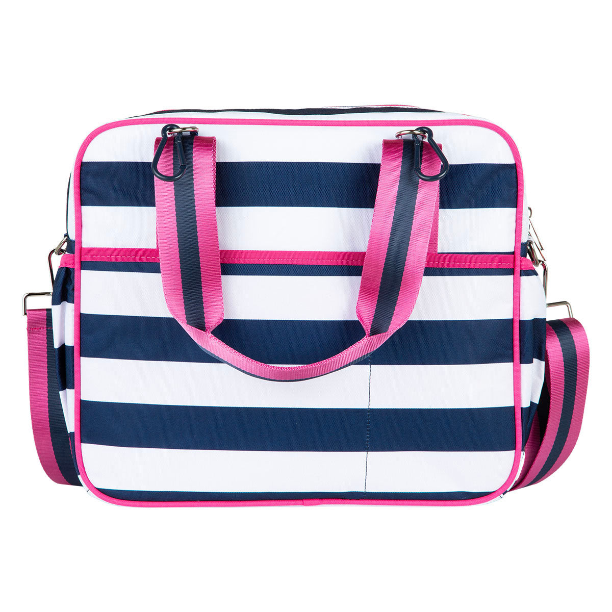 The Queen of the Court Prepster Pickleball Bag features a rectangular shape, navy and white stripes with pink trim, matching pink and navy handles, an adjustable shoulder strap, and a spacious front pocket for your pickleball gear.