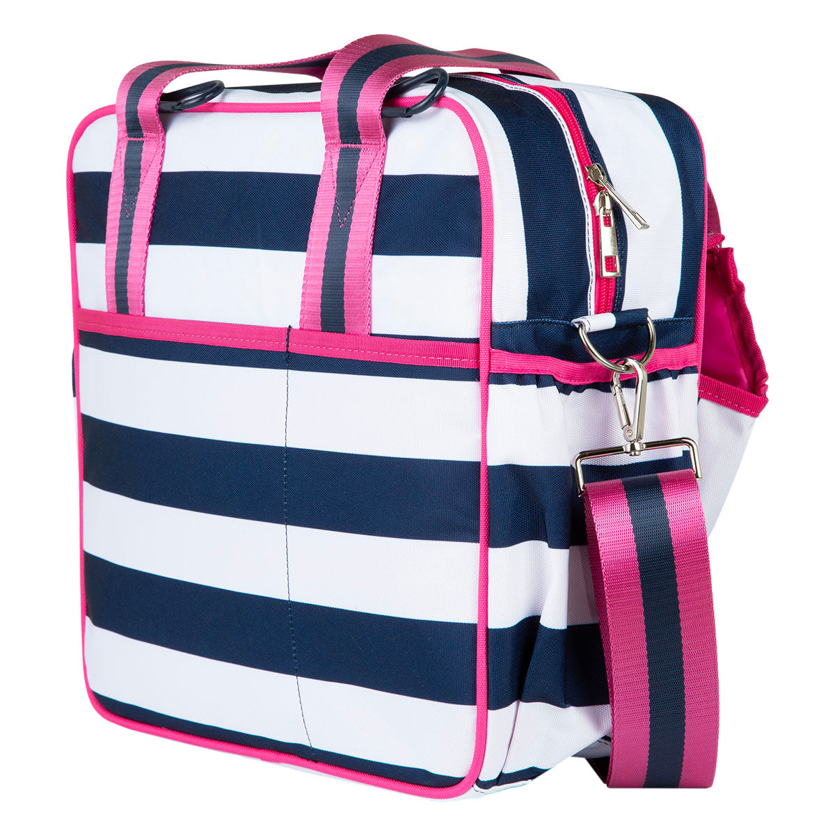 The Queen of the Court Prepster Pickleball Bag features wide navy and white stripes, pink piping, striped handles, a detachable shoulder strap, zippered top, exterior pockets, and silver hardware—ideal for your pickleball gear.