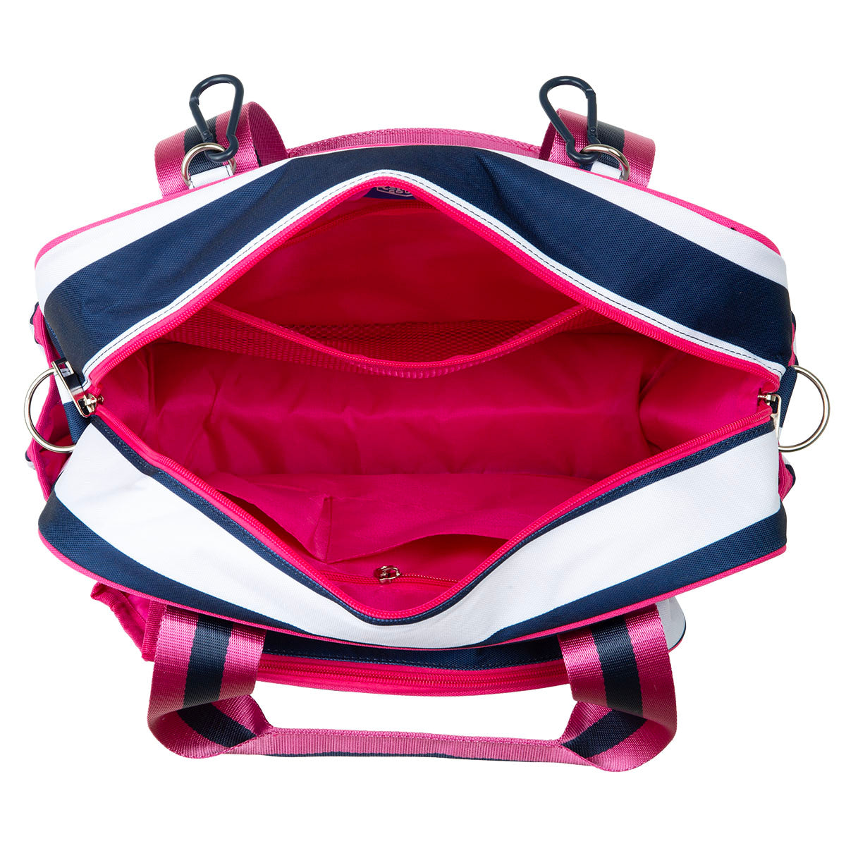 Top view of the Queen of the Court Prepster Pickleball Bag shows a bold pink interior with multiple pockets for accessories. The navy, white, and pink striped exterior with silver rings and strap hooks adds stylish flair.