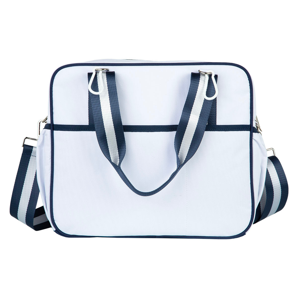 The Prepster Pickleball Bag by Queen of the Court is a stylish white and blue tote, ideal for ladies who want a functional yet fashionable pickleball bag.