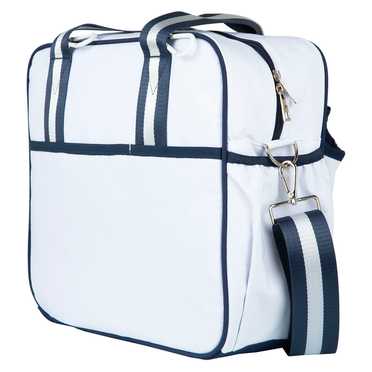 The Queen of the Court Prepster Pickleball Bag is a square white tote with navy trim, gray-and-white striped handles, a detachable shoulder strap, zippered top, exterior pocket, and silver hardware.