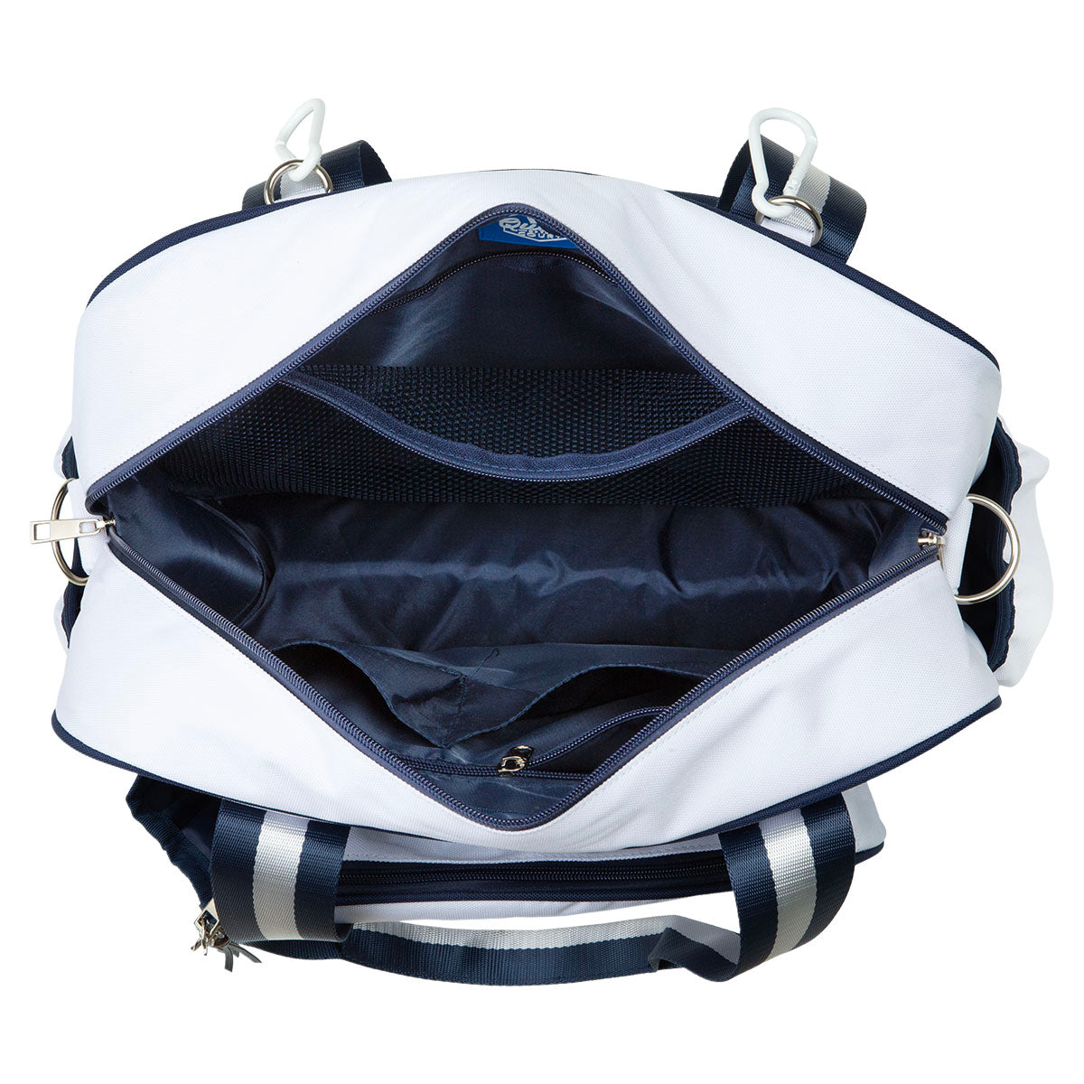 The Queen of the Court Prepster Pickleball Bag is a stylish white and blue tote, perfect for carrying all your court essentials.