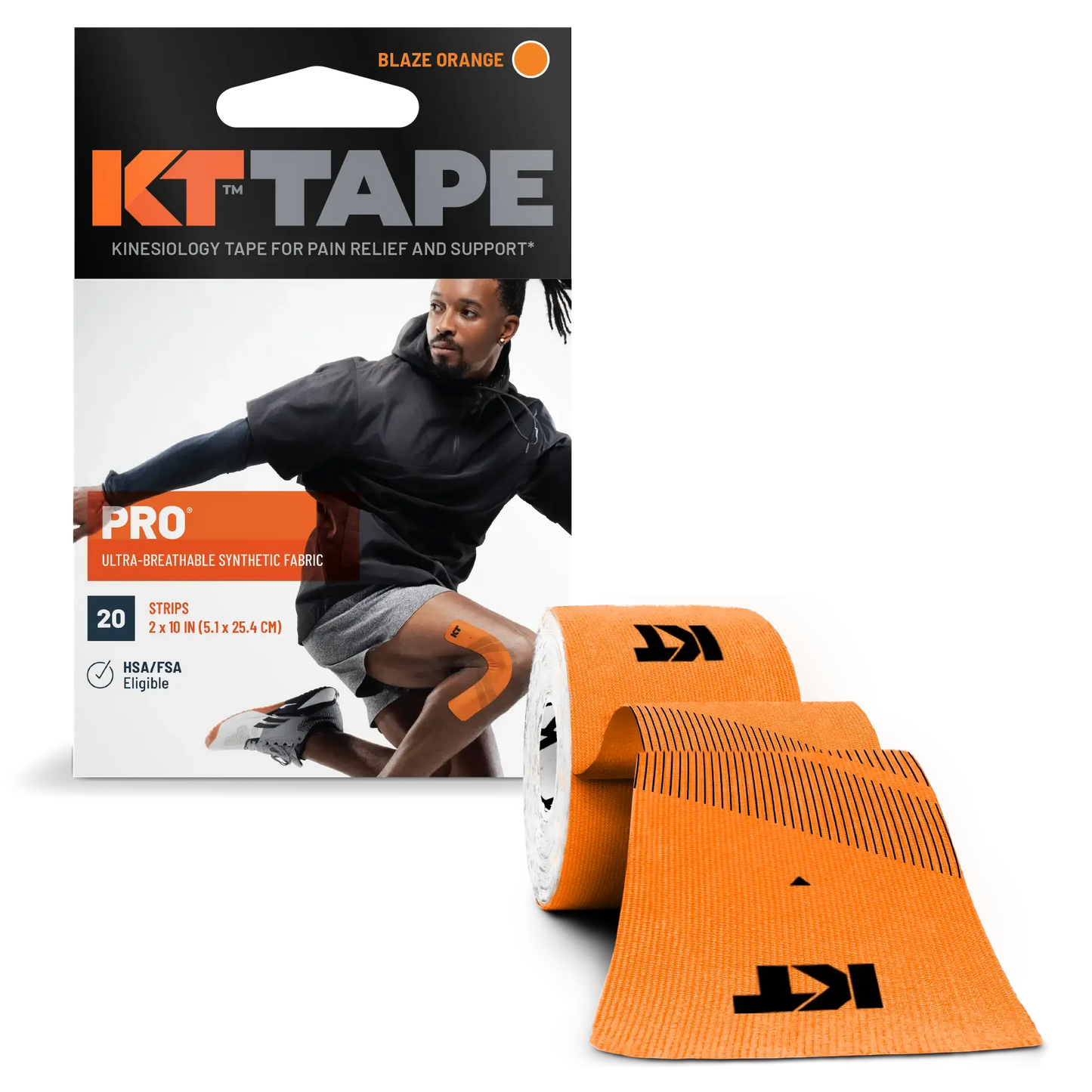 A box of KT Tape Pro® by KT Tape in Blaze Orange features a man running with orange kinesiology tape on his shoulder and knee. Beside the box, two bright Blaze Orange rolls show the KT logo and black stripes on the fabric.