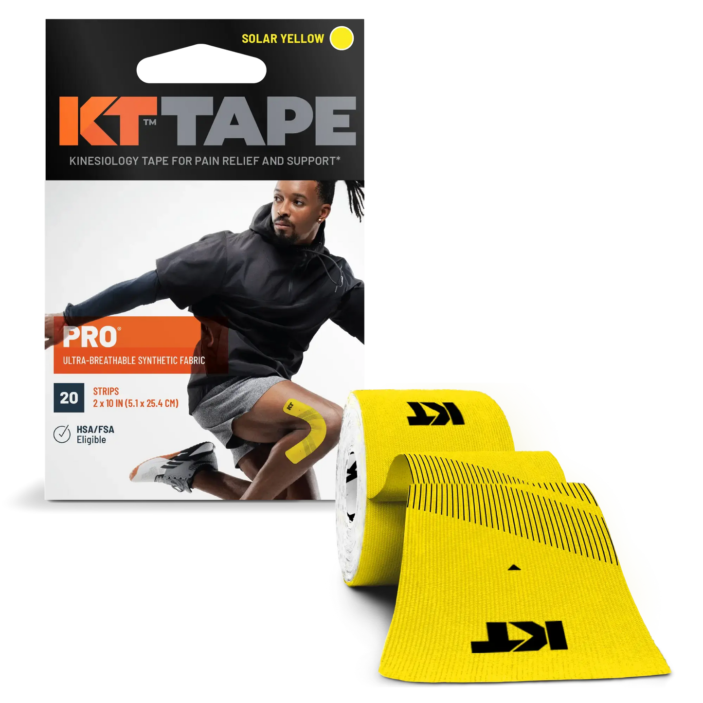 A box of KT Tape Pro® by KT Tape in Solar Yellow features an athlete running with yellow kinesiology tape on his thigh, demonstrating sports injury support. A partially unrolled roll in front reveals its textured, breathable surface.