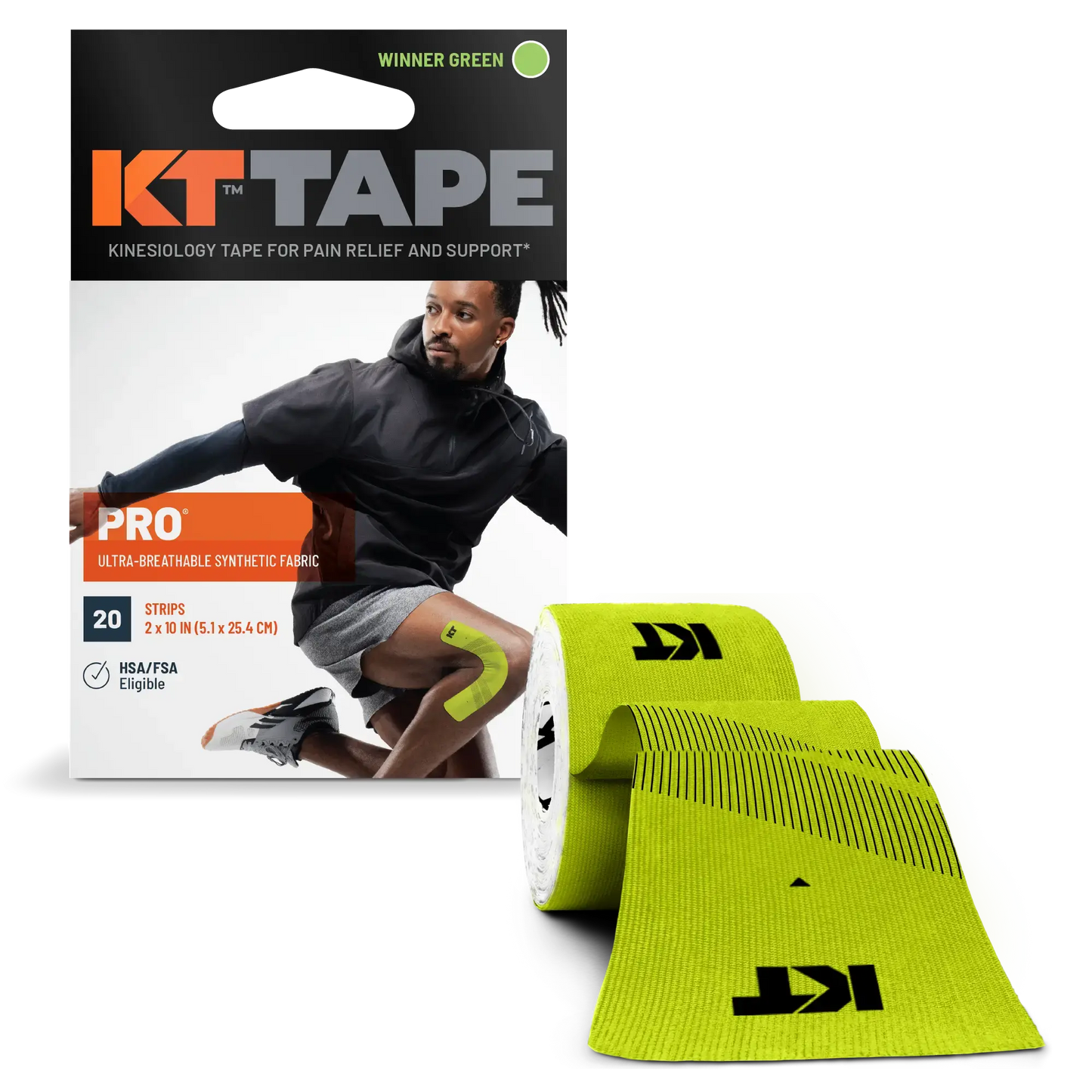 A KT Tape Pro® box and neon green roll are shown. The box, branded KT Tape, features a man running with tape on his knee and shoulder. The unspooled roll displays the black KT logo on bright green fabric.