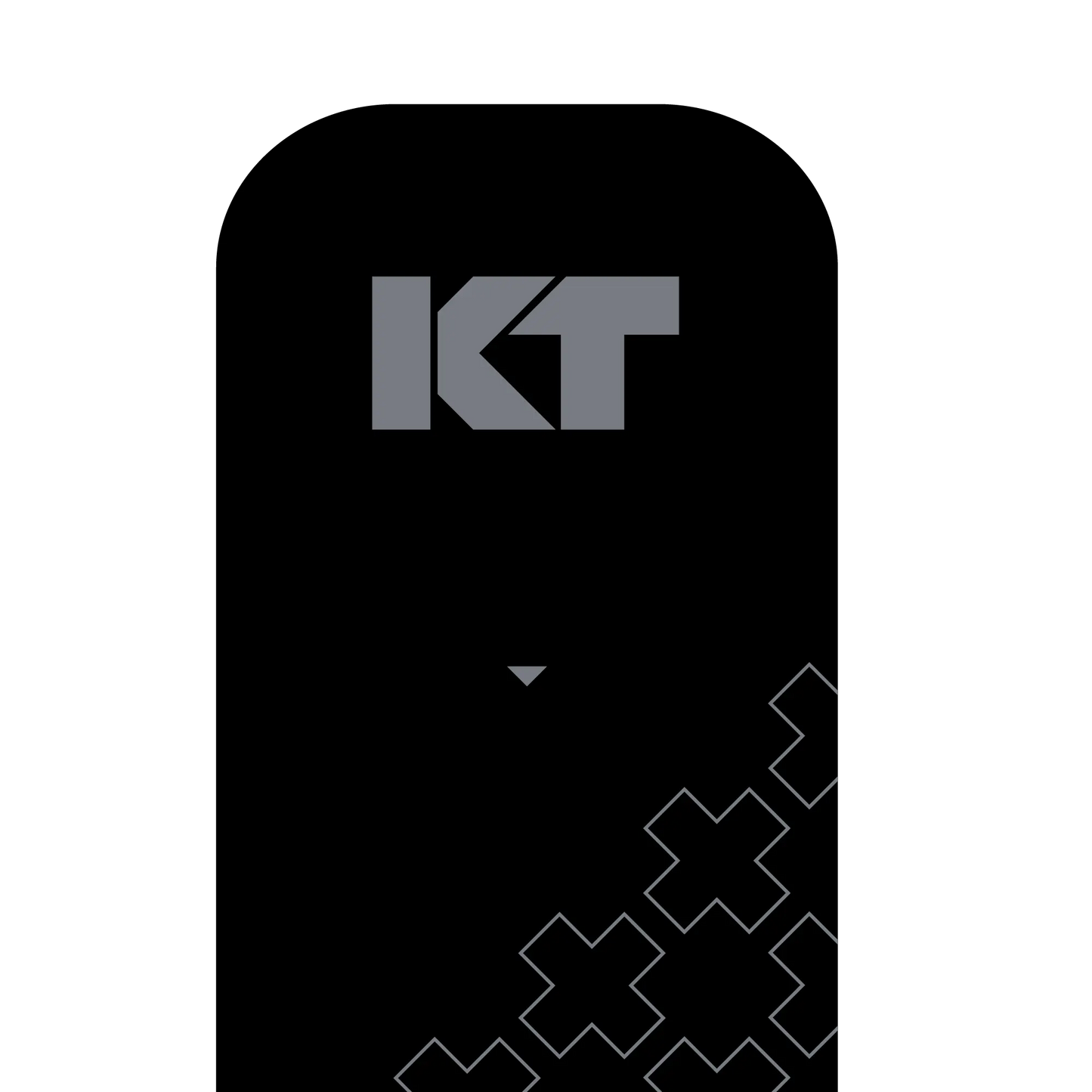A minimalist black object with rounded top edges shows gray “KT” letters near the top, referencing KT Tape Pro Extreme® by KT Tape. Geometric X shapes cluster at the bottom right, suggesting pain relief on a plain white background.