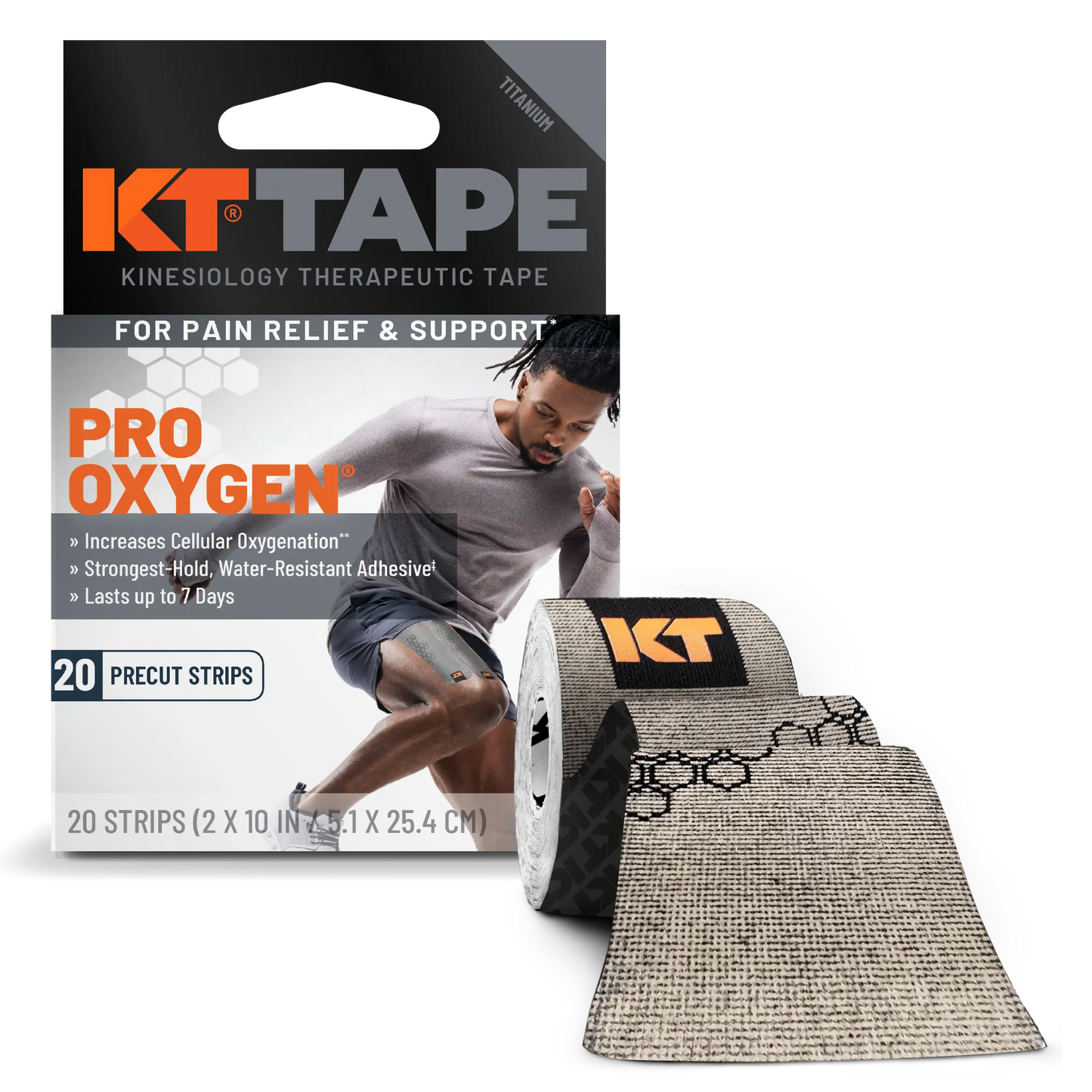 KT Tape Pro Oxygen™ by KT Tape features Celliant infrared technology. The black and gray box with orange accents shows a runner and contains 20 precut strips, with a roll of black patterned tape displayed in front.