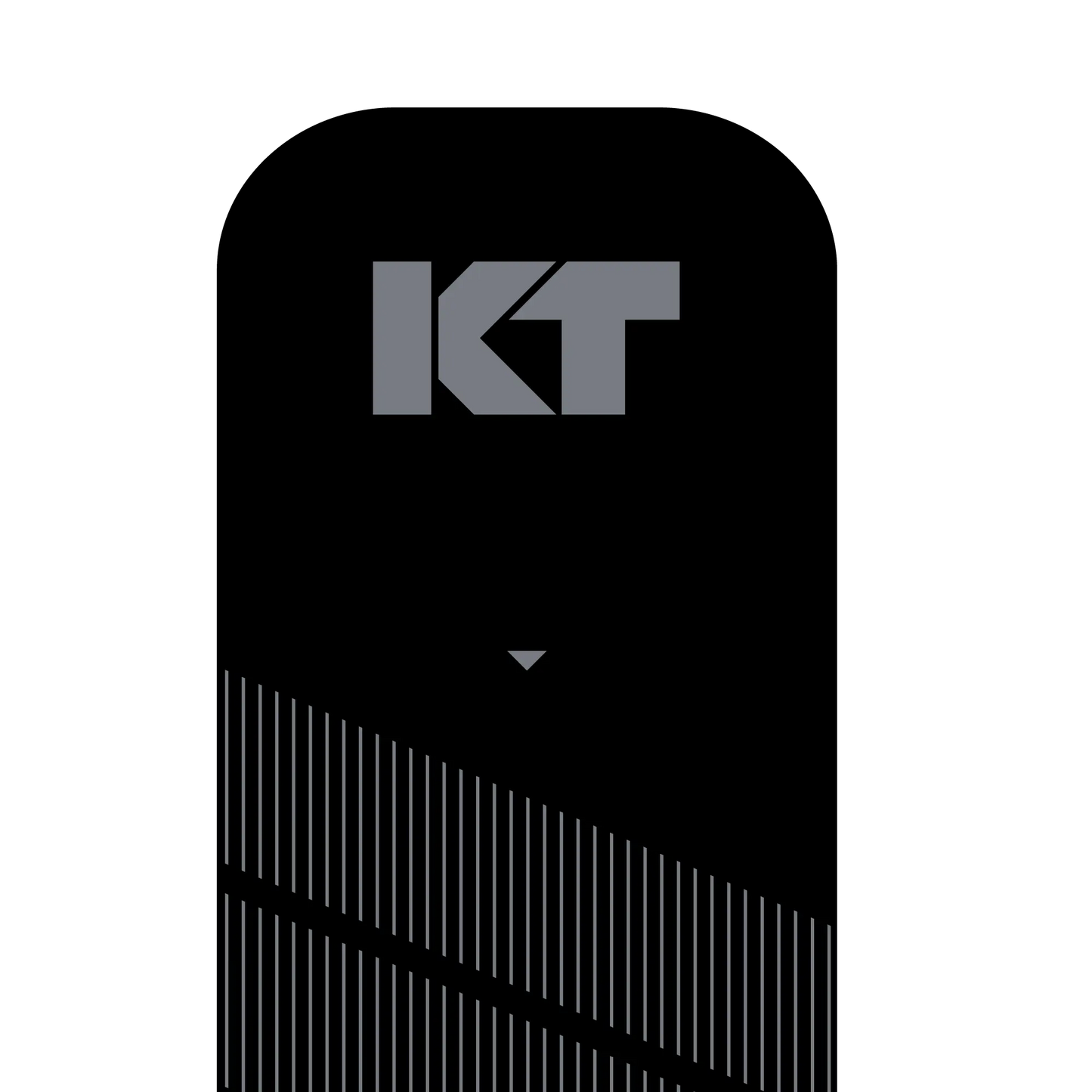 The KT Tape Pro® by KT Tape is a black, vertical item with a rounded top featuring bold gray "KT" letters near the top. Thin white lines cross the lower half, giving it a modern minimalist look, similar to kinesiology tape for pain relief and injury support.