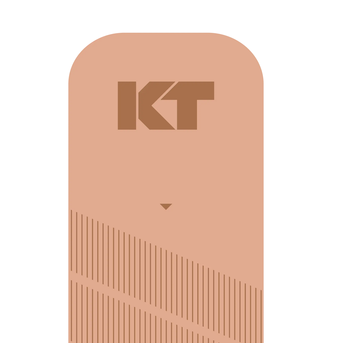 A minimalist design for KT Tape Pro® by KT Tape features a tall, rounded light brown rectangle with bold "KT" near the top, referencing kinesiology tape for pain relief. Thin diagonal lines and a small arrow accent the lower half on white.
