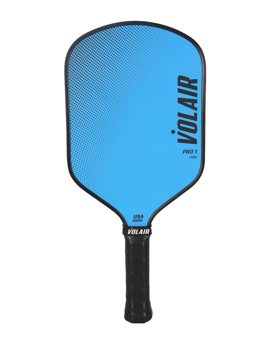 The Volair Pickleball Pro 1 Pickleball Paddle is a blue, USAP-approved hybrid shape paddle with a black edge and handle. “VOLAIR,” “PRO 1,” and “USA Pickleball Approved” are printed on its modern fiberglass face.