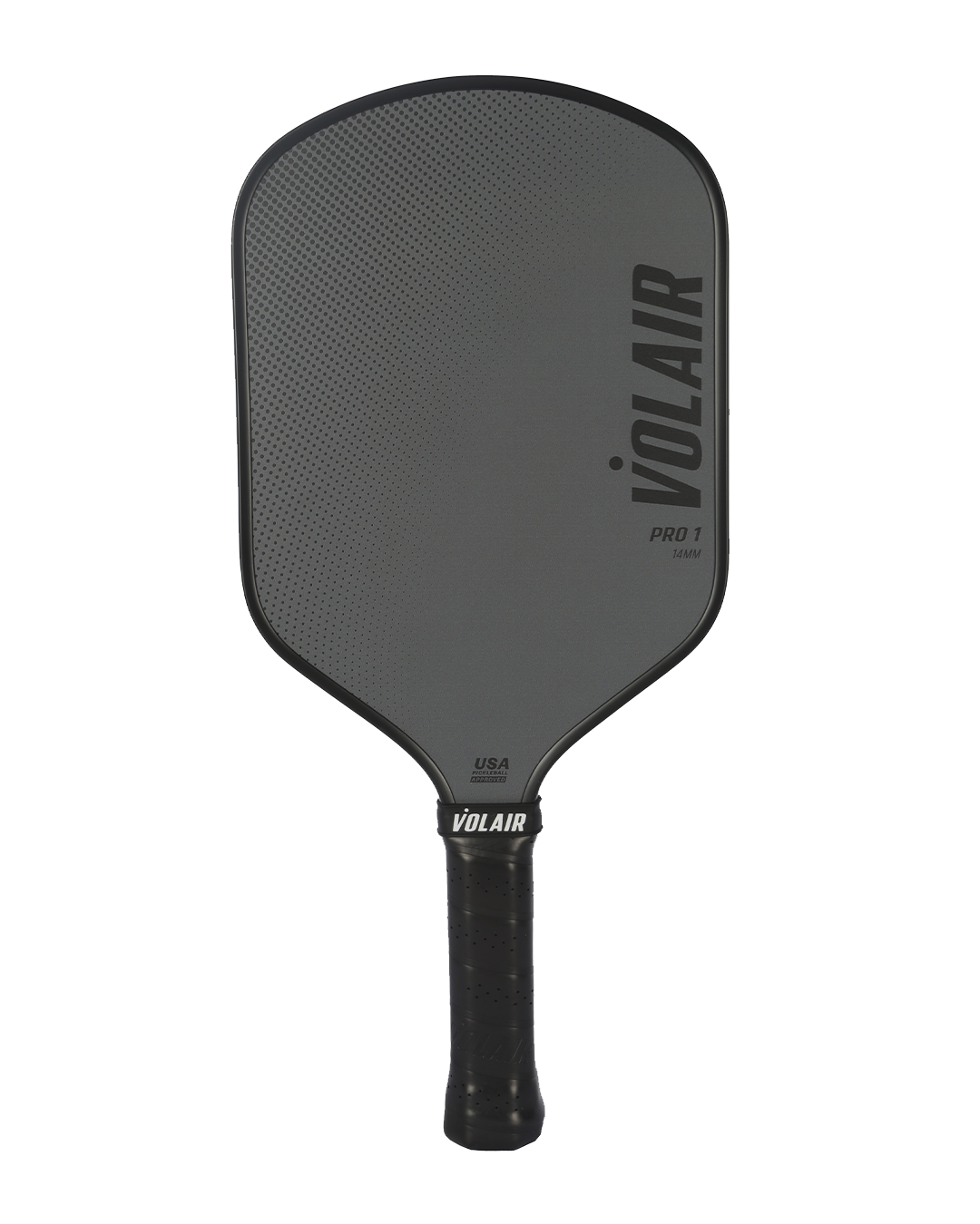 A gray Volair Pickleball Pro 1 Pickleball Paddle with a hybrid shape, textured face, black edge guard, and black grip. The Volair logo and “Pro 1 Pickleball Paddle” appear above the USAP-approved label near the handle.