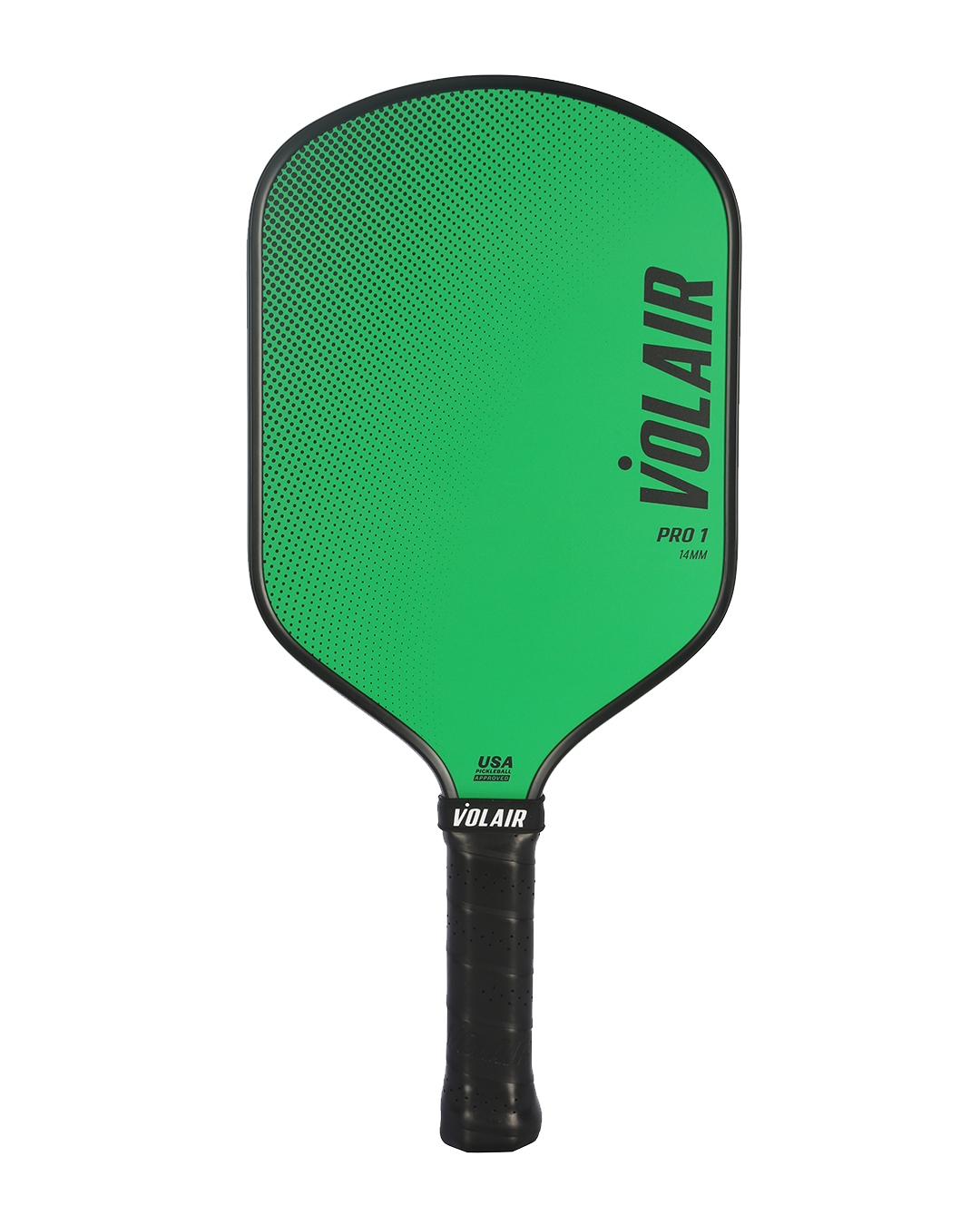 A green Volair Pickleball Pro 1 Pickleball Paddle with a black edge and grip, "VOLÁIR PRO 1" printed vertically in black on the right, USAP-approved. Features a hybrid shape with a slightly rounded rectangular design.