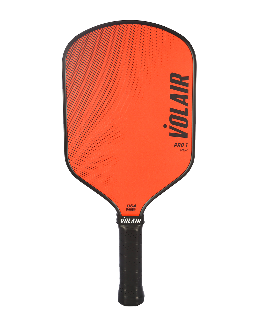 The Volair Pickleball Pro 1 is a bright orange, USAP-approved paddle with black trim and grip. Its hybrid fiberglass design features a textured face for enhanced control and displays "VOLAIR" and "USA PICKLEBALL" above the handle.