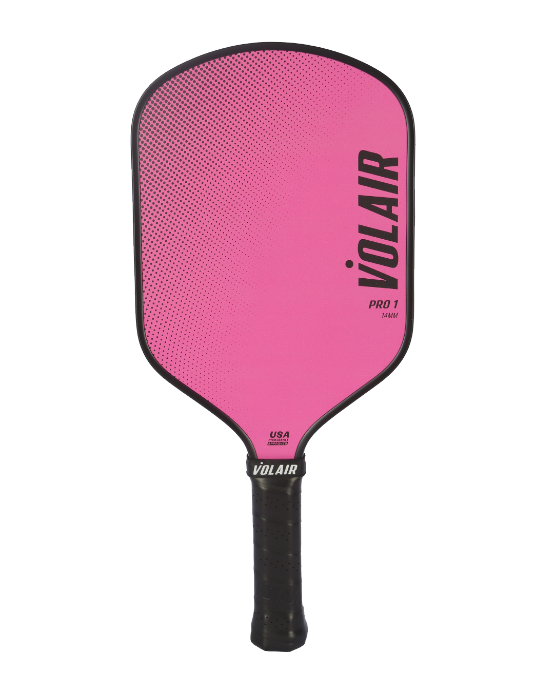 The Volair Pickleball Pro 1 Paddle features a bright pink design with black edge and handle, plus “VOLAIR,” “PRO 1,” and “USA” in bold black letters on the paddle and handle. USAP-approved for tournament play.