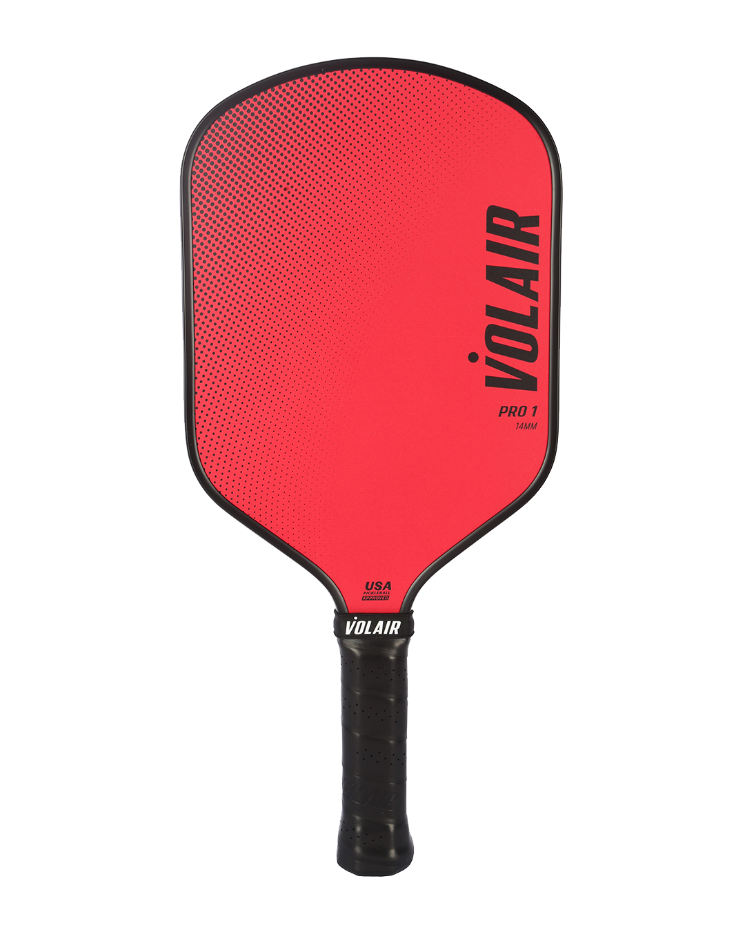 The Volair Pickleball Pro 1 is a red, USAP-approved hybrid paddle with a black handle and trim, featuring bold VOLAIR branding on the right side and “PRO 1” below, plus white “VOLAIR” text near the grip-taped base.