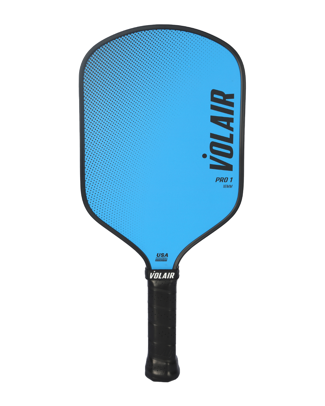 The Volair Pickleball Pro 1 Pickleball Paddle is blue fiberglass with a black edge, hybrid shape, black grip, VOLAIR in bold black letters vertically, and PRO 1 SERIES plus USA PICKLEBALL text near the handle; USAP-approved.