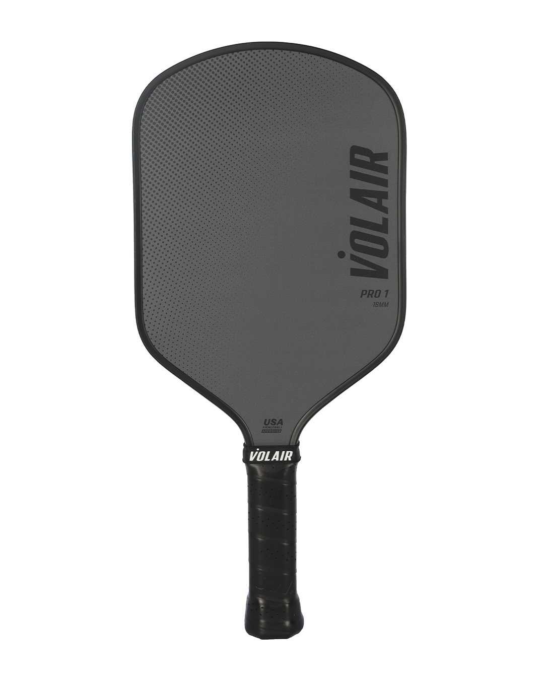 The Volair Pickleball Pro 1 Pickleball Paddle features a gray fiberglass hybrid shape, textured face, black edge guard and grip. "VOLAIR" is printed on the face with "PRO 1" and a USAP-approved USA marking near the neck above the handle.