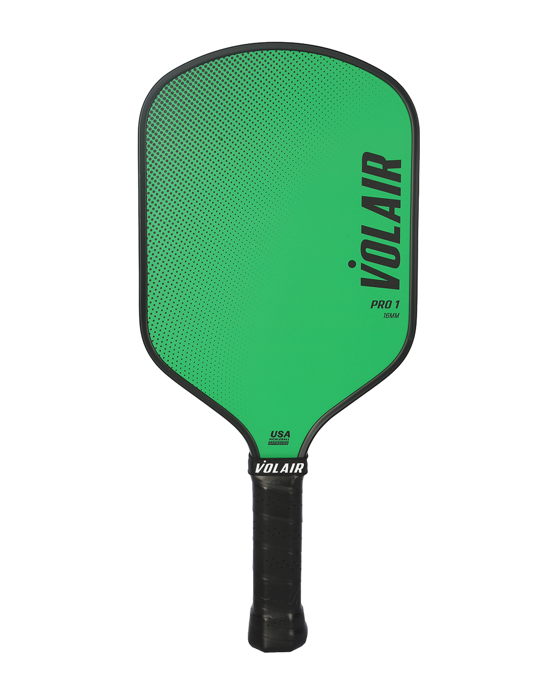 The Volair Pickleball Pro 1 is a green, USAP-approved pickleball paddle with a black honeycomb top, black trim, VOLAIR on the right, hybrid shape, fiberglass build, rounded rectangle design, and black grip tape handle.