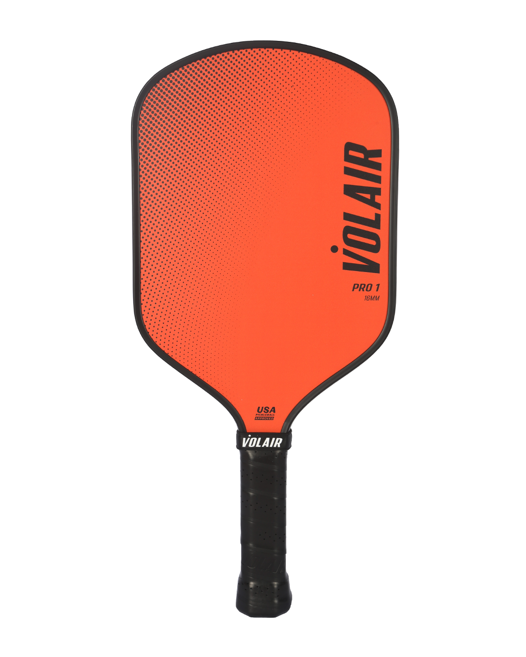 The Pro 1 Pickleball Paddle by Volair Pickleball features a bright orange fiberglass face, black grip, and smooth surface. “VOLAIR” is printed vertically in bold black letters with PRO 1 and USA PICKLEBALL logos near the handle.