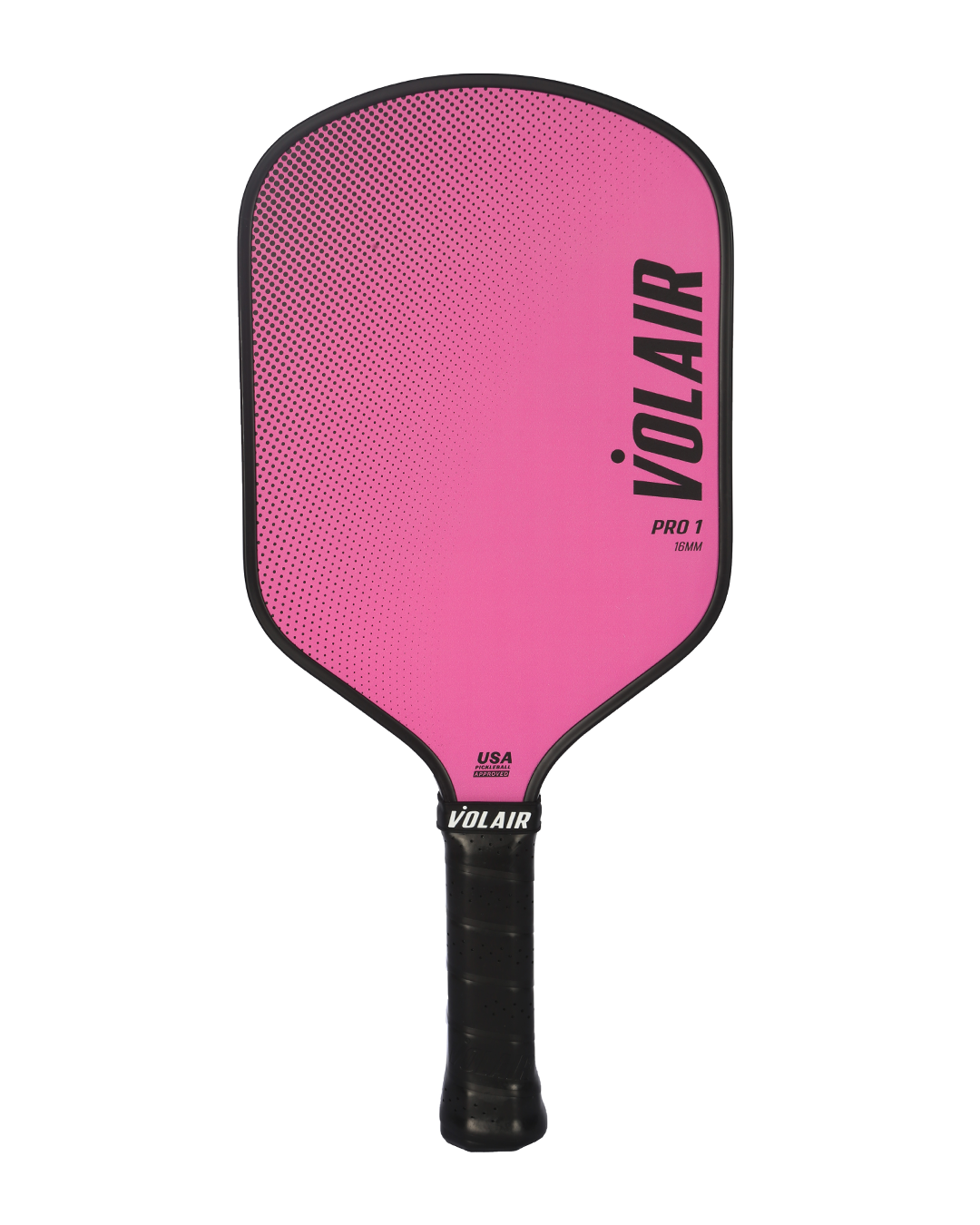 The pink Volair Pickleball Pro 1 hybrid paddle features a black edge and handle, bold Volair branding, and the USA Pickleball logo near its textured black grip. USAP-approved and ideal for competitive play.
