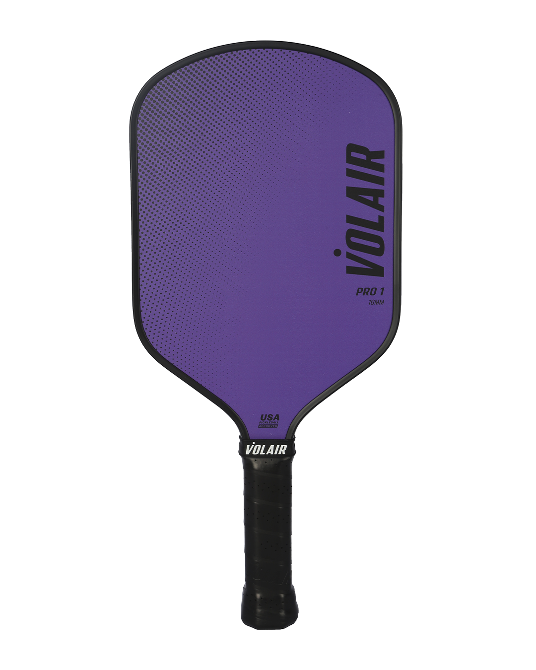 A purple Volair Pickleball Pro 1 fiberglass paddle with black grip and edging, featuring the Volair logo and "PRO 1" in black, plus a USA Pickleball Approved mark on the right side.
