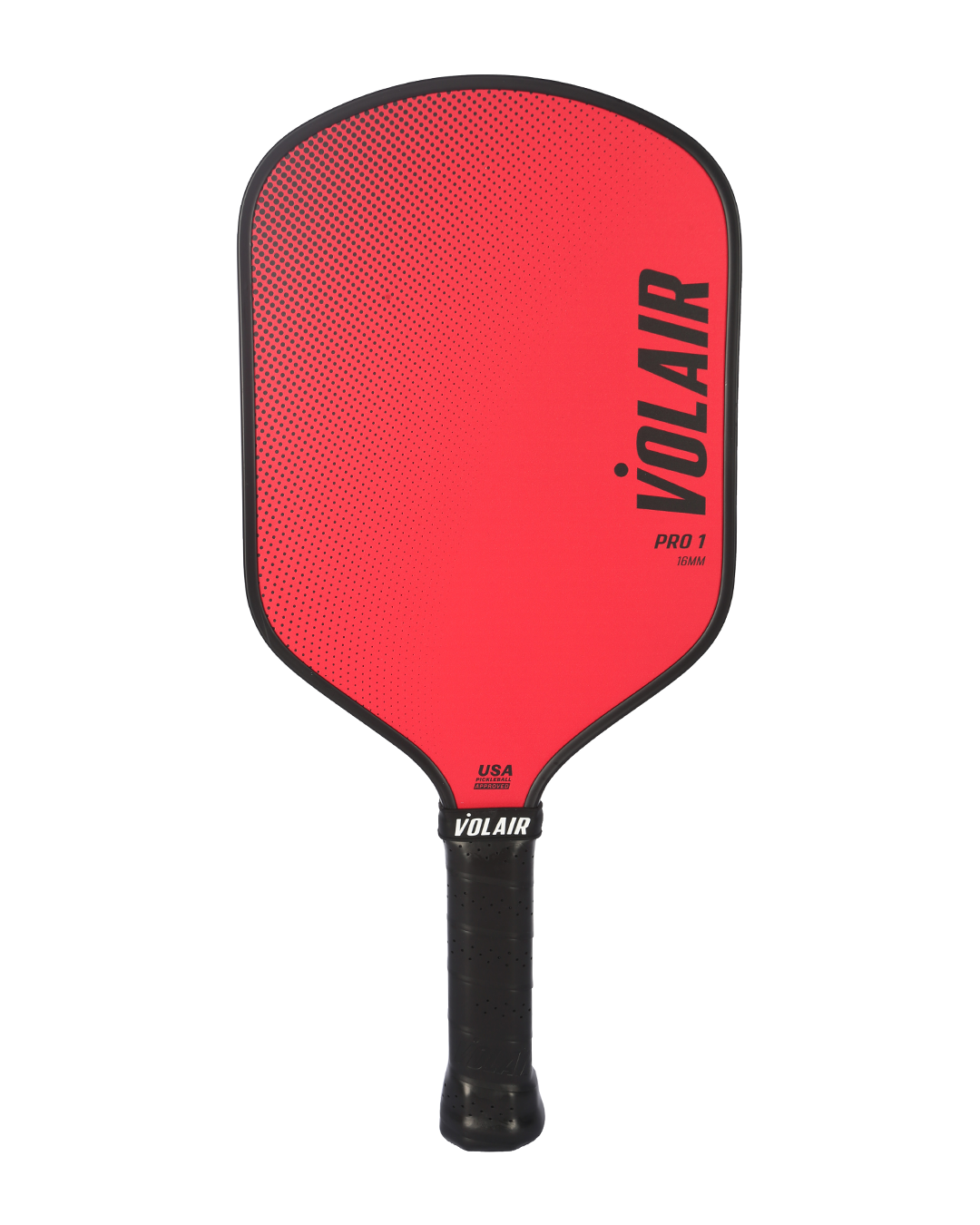A red Volair Pickleball Pro 1 hybrid paddle with a black handle, black border, ridged grip, and textured red surface featuring black Volair branding and “USA Pickleball Approved” text at the bottom. White background.