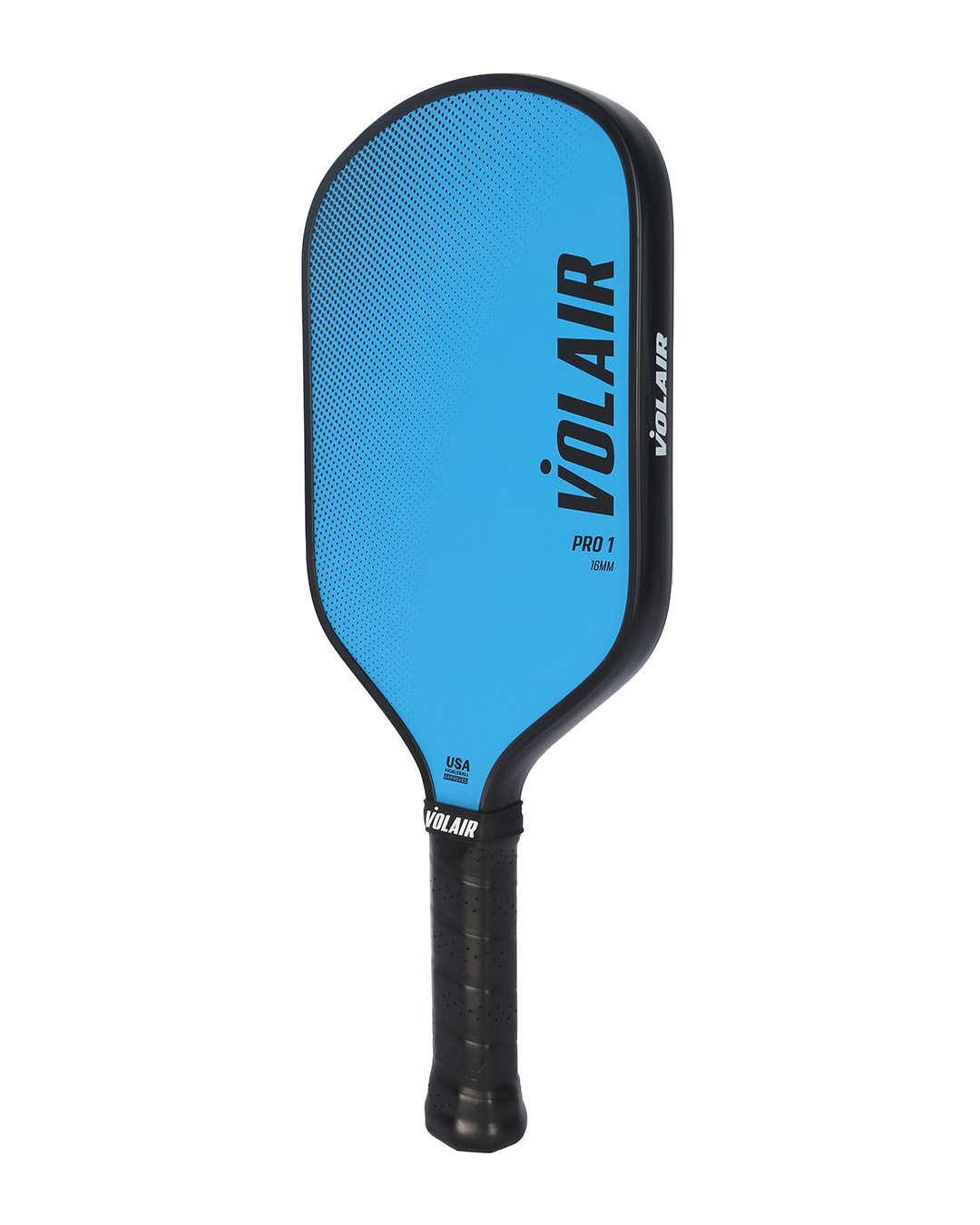 A Volair Pickleball Pro 1 Pickleball Paddle in blue with a black handle and trim features a hybrid face with the Volair logo in black, plus a USAP-approved stamp at the bottom, shown against a white background.