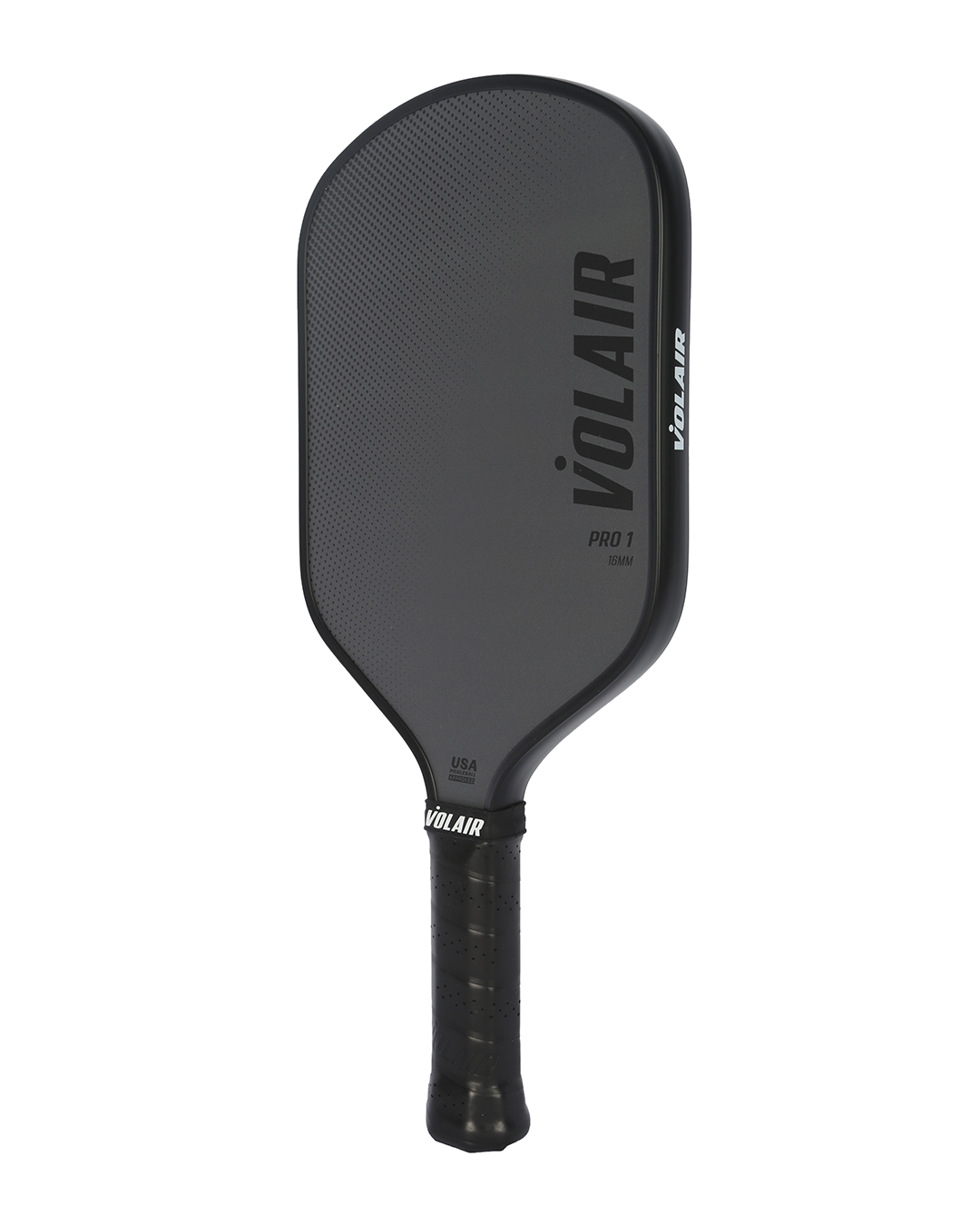 The Volair Pickleball Pro 1 Pickleball Paddle is USAP-approved, featuring a hybrid fiberglass design, textured matte black finish, black grip tape handle, and bold vertical VOLAIR branding.
